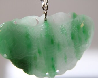 Burmese Green/White Jade &quot;Butterfly&quot; 14K White Gold set/hook Pendant Handcarved Rare one of a kind