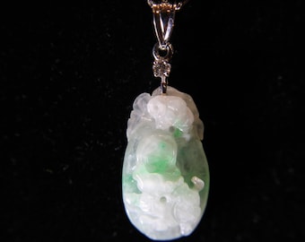 14K Solid White Gold High quality White/Green Handcarved &quot;Lingzhi&quot; Natural Burmese Jade Pendant w/ Round Diamond VS1 F color 0.03ct