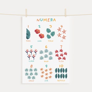 以下が含まれることがあります： オレンジ色の「NUMERA」という文字が入った白いポスター。ポスターには、さまざまな色の葉や花のイラストとともに、1から10までの数字が表示されています。各数字には、別の言語の単語が添えられています。