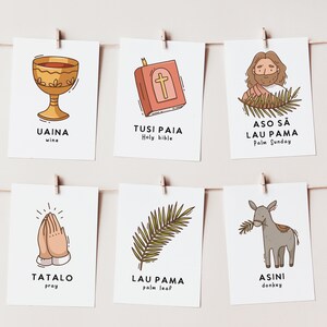 May include: A collection of six illustrated cards, each depicting a different religious symbol. The cards are suspended from a string with clothespins. The illustrations include a chalice, a bible, Jesus, praying hands, a palm leaf, and a donkey.