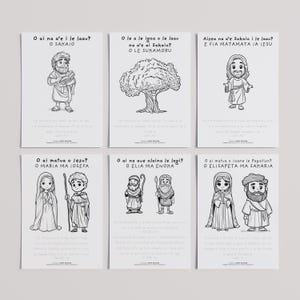 以下が含まれることがあります： 聖書の人物が描かれた、白黒のイラストカード6枚。各カードには外国語のタイトルと、人物またはオブジェクトの対応するイラストが描かれています。カードは2列3段に配置されています。
