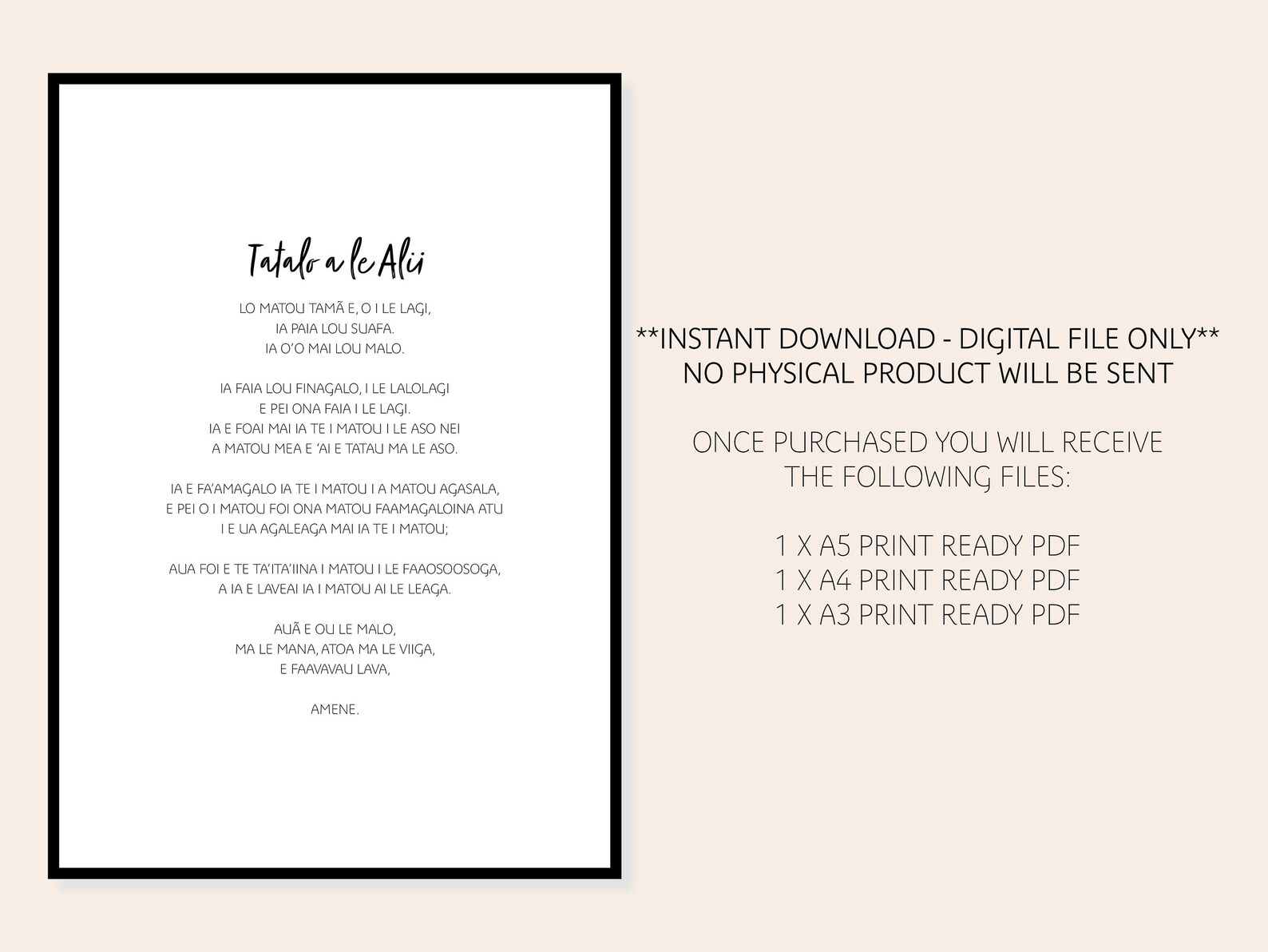 Samoan Minimal Style Lord's Prayer Tatalo a Le Alii Digital Print Etsy