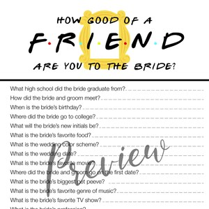 Friends Theme Bridal Shower Game _ How good of a friend are you to the bride?