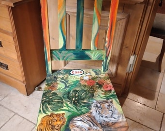 hand painted chair, chair with tiger motif and jungle, original furniture