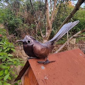 Op de afbeelding: Een metalen vogelsculptuur met een bruine afwerking, bovenop een klein, rustiek vogelhuisje. De vogel heeft gedetailleerde vleugels en een lange snavel. Het vogelhuisje heeft een roodbruin, verweerd metalen dak en een houten basis.