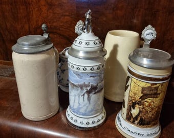 Old Villeroy & Boch / Mettlach stoneware beer steins with pewter lids, unbranded