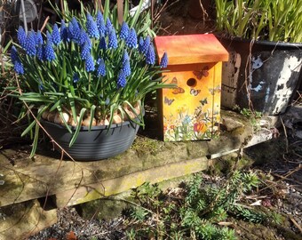 handbemalter Nistkasten , buntes Vogelhäuschen mit  Frühlingsmotiven, Gartenaccessoires