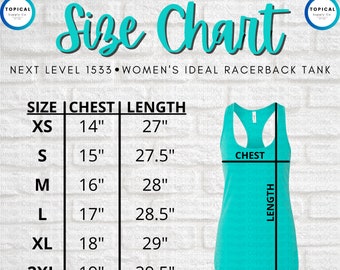 Può includere: Tabella delle taglie per una canotta racerback con misure in pollici per il petto e la lunghezza. La tabella mostra le taglie XS a 2XL con le misure di petto e lunghezza corrispondenti. La canotta è blu turchese.