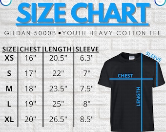 HQ Gildan 5000B Size Chart | Gildan 5000B Youth Kids Heavy Cotton Tee Size Chart | Gildan Youth T-Shirt Size Chart | Gildan 5000B Mockup