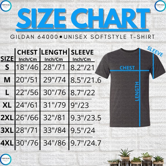 Gildan 64000 Unisex T-shirt Size Chart inches/cm, Digital Sizing Chart,  Gildan T-shirt Mockup Sizing Chart, 