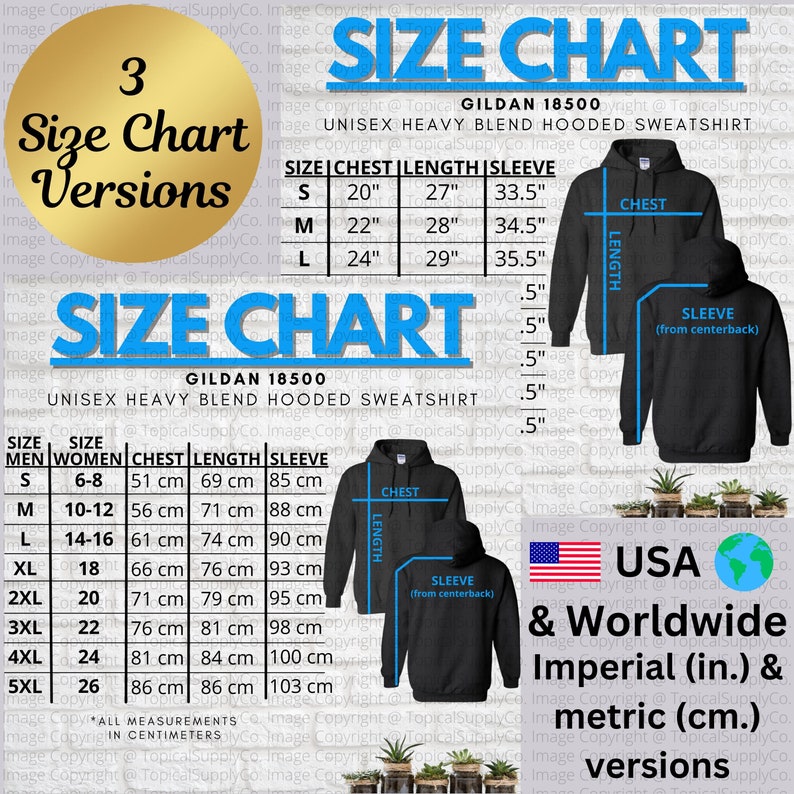 May include: Size chart graphic for a Gildan 18500 unisex heavy blend hooded sweatshirt. Includes chest, length, and sleeve measurements in inches and centimeters. The chart has three size chart versions and includes the USA flag.
