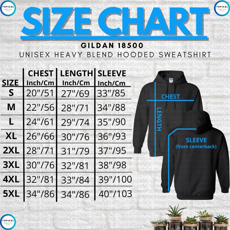 May include: Size chart for a Gildan 18500 unisex heavy blend hooded sweatshirt. Measurements are provided in inches and centimeters for chest, length, and sleeve. Sizes range from S to 5XL. A diagram illustrates how to measure the chest, length, and sleeve.