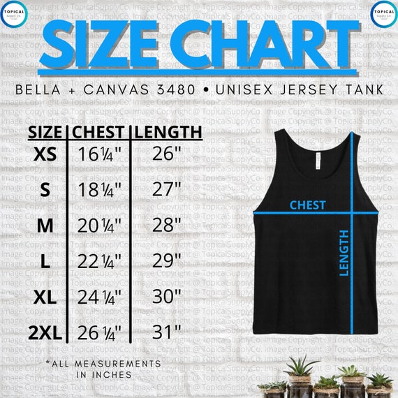 HQ Bella Canvas 3480 Size Chart | Bella+Canvas 3480 Unisex Jersey Tank Top  Size Chart | Bella Canvas 3480 Unisex Size Chart | High Quality