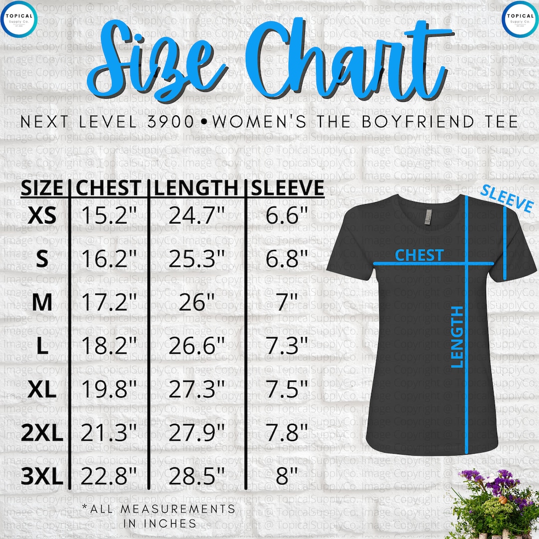 HQ Next Level 3900 Size Chart | Next Level 3900 Women's Boyfriend Tee ...