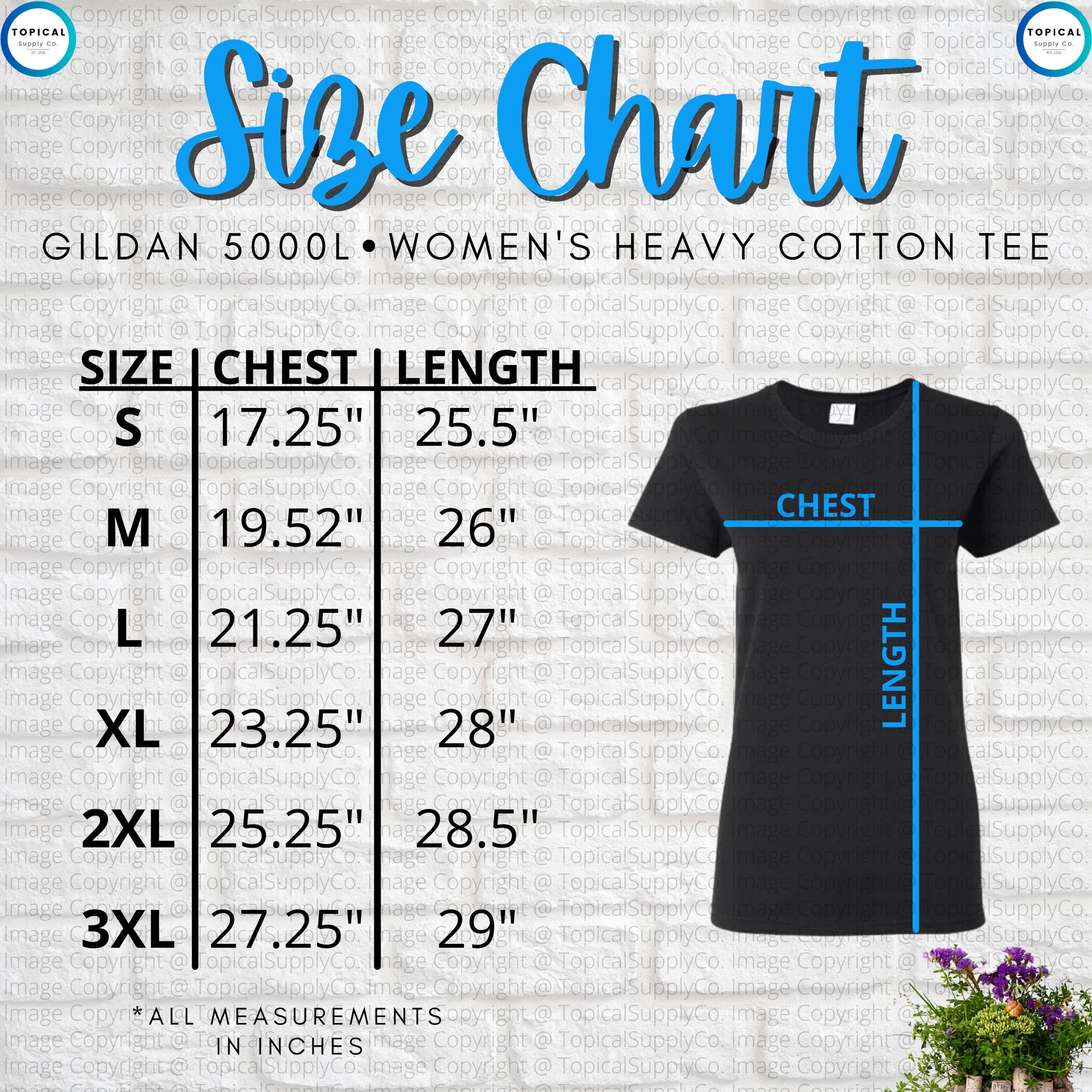 HQ Gildan 5000L Size Chart Gildan 5000L Women's Heavy Cotton Tee Size ...