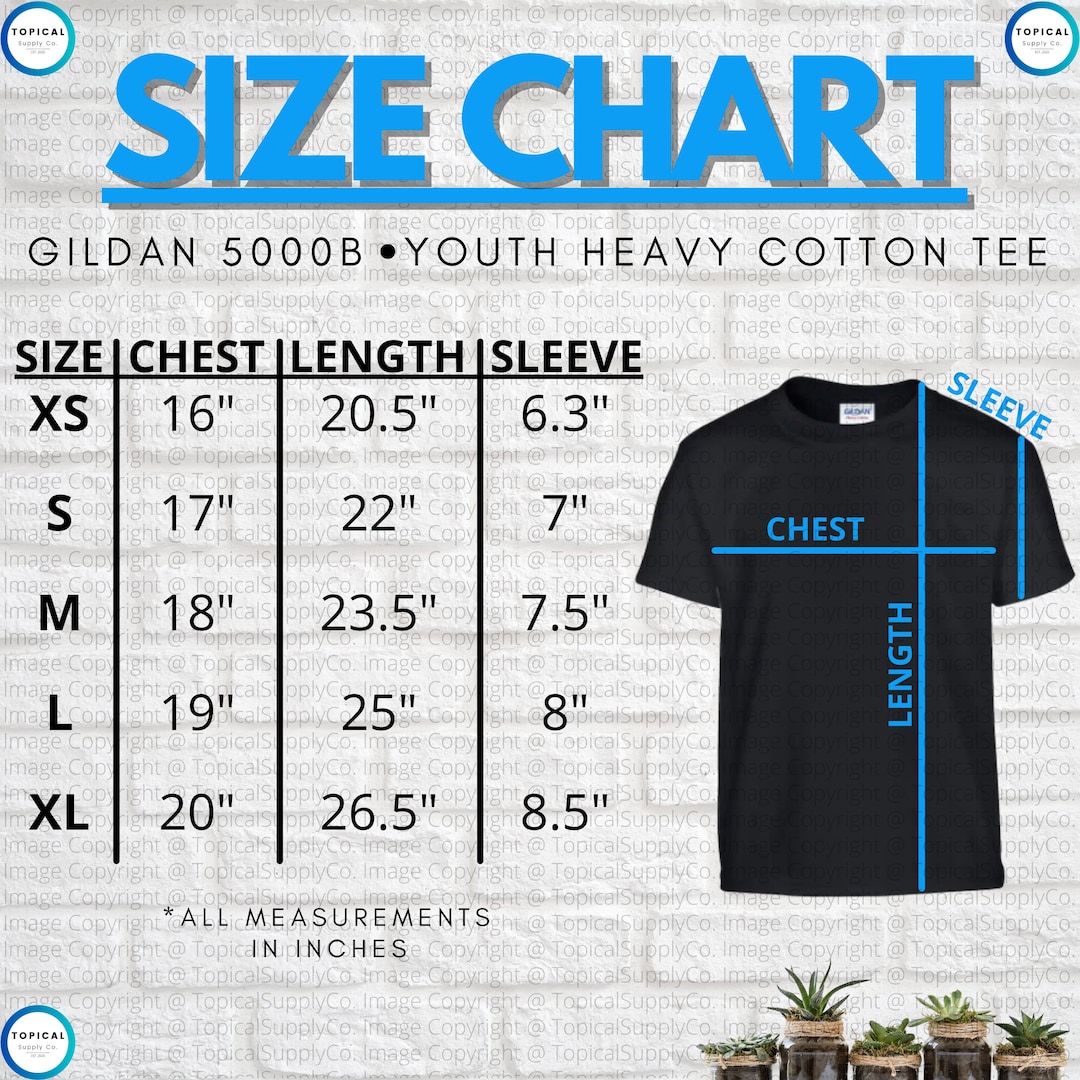 HQ Gildan 5000B Size Chart Gildan 5000B Youth Kids Heavy Cotton Tee