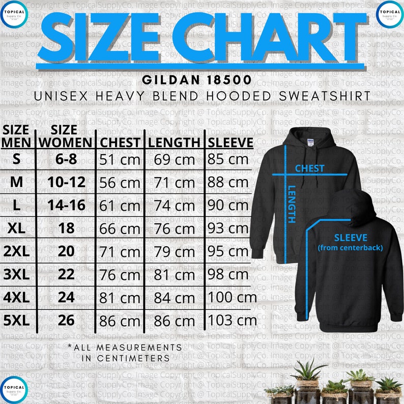 May include: Size chart for a Gildan 18500 unisex heavy blend hooded sweatshirt. The chart includes chest, length, and sleeve measurements in centimeters for sizes S to 5XL. The image also shows a black hoodie with measurement labels.