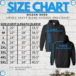 May include: Size chart for a Gildan 18500 unisex heavy blend hooded sweatshirt. The chart shows chest, length, and sleeve measurements in inches for sizes S through 5XL. The image also shows a front and back view of the sweatshirt.