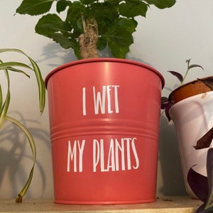 Puede incluir: Una maceta de metal rosa con texto blanco que dice "Yo riego mis plantas".
