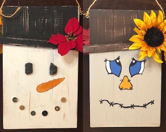 Rustique, peint à la main, palette réversible Décor de vacances, Épouvantail et bonhomme de neige. Décor d’automne et d’hiver. Cintre de porte fait à la main. 7