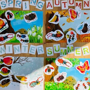 May include: Four colorful cards with the words "Spring", "Autumn", "Winter", and "Summer" written on them. Each card has a different nature scene with various insects and animals. The cards are arranged in a square shape on a wooden surface.