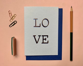 Handprinted LOVE Valentines card, LOVE card, Valentines card, Handmade Valentine, Wildcard, Foil valentines card, Mens valentines, With Love