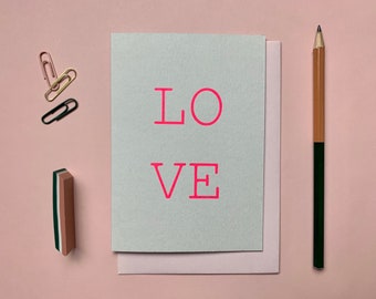 Handbedruckte LOVE Karte, Love Pink Karte, Valentinskarte, mit Liebeskarte, Hochzeitskarte, Wildcard, Valentinskarte für Frauen, LOVE