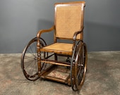 Antique Late 19th Century Oak Wicker Wheelchair With Foot Rest
