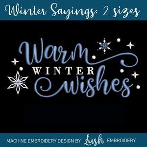 May include: Machine embroidery design for a winter-themed project. The design features the text "Warm Winter Wishes" in blue cursive script with white snowflakes and stars.