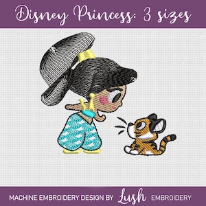 May include: Machine embroidery design of a cartoon Disney princess Jasmine with her pet tiger Rajah. The design is available in three sizes.  The design is in black, white, yellow, orange, blue, and brown.