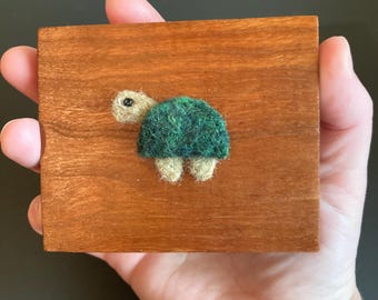 Needle Felted Turtle - Handmade Wood Mini Plaque