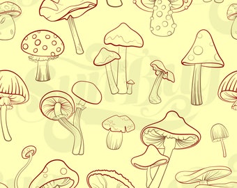 Mushroom Lines 12" by 12" DOWNLOADABLE Surface Pattern JPEG and transparent PNG files, fungi, mushrooms, forest, autumn