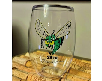 Reunion Glasses - 16oz personalized Tritan stemless plastic wine glasses, lake life, full color, class cups, high school, wedding, beach.