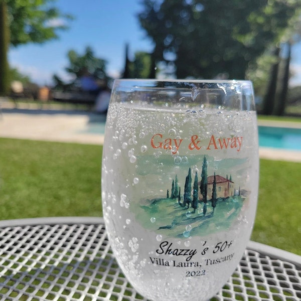 16oz personalized stemless plastic wine glasses, custom printed, wedding crest, watercolor design, family crest, cocktail glasses