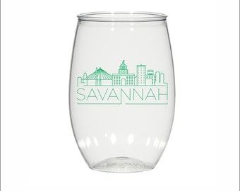 Savannah skyline, 16oz personalized stemless plastic wine glasses, custom imprinted, wedding, party favors, cocktail glass, bachelorette