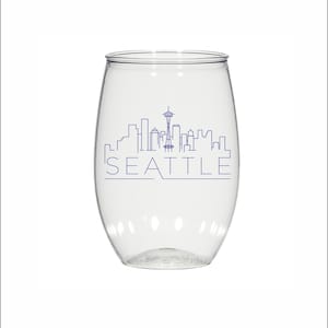 Seattle skyline, 16oz personalized stemless plastic wine glasses, custom imprinted, wedding, party favors, cocktail glass, bachelorette