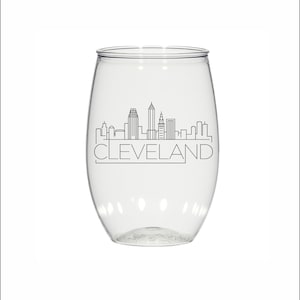 Cleveland skyline, 16oz personalized stemless plastic wine glasses, custom imprinted, wedding, party favors, cocktail glass, bachelorette