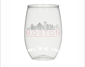 Boston skyline, 16oz personalized stemless plastic wine glasses, custom imprinted, wedding, party favors, cocktail glass, bachelorette