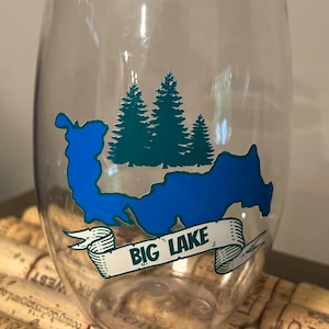 Lake glasses - 16oz personalized Tritan stemless plastic wine glasses, lake life, full color, class reunion, high school, wedding, beach.