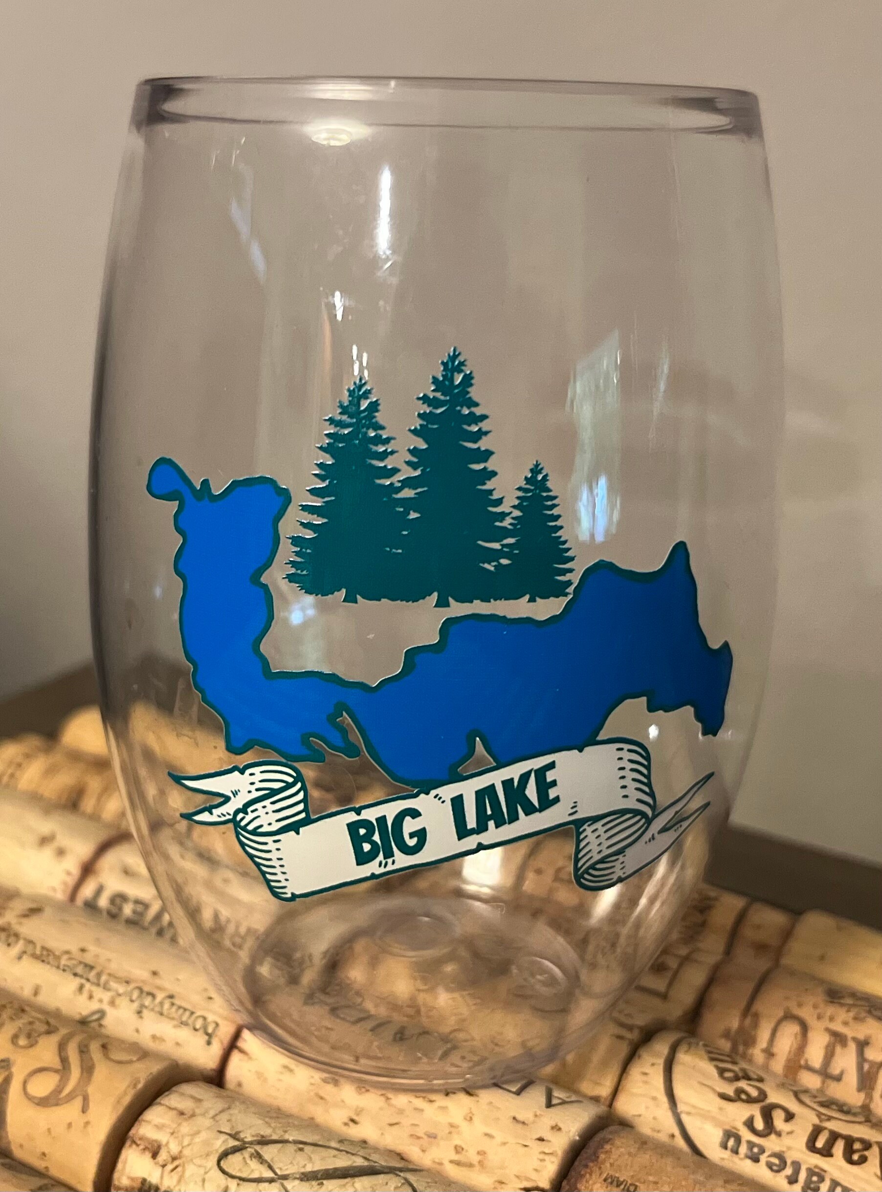 Lake glasses - 16oz personalized Tritan stemless plastic wine glasses, lake life, full color, class reunion, high school, wedding, beach.