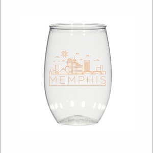 Memphis skyline, 16oz personalized stemless plastic wine glasses, custom imprinted, wedding, party favors, cocktail glass, bachelorette