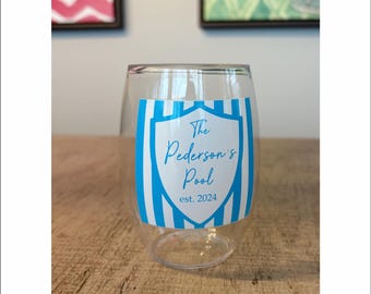 16oz personalized stemless plastic wine glasses, custom printed, wedding crest, watercolor, family crest, cocktail glasses, pool party, deck