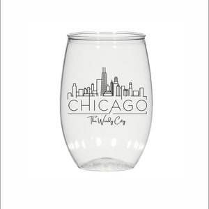 Chicago skyline, 16oz personalized stemless plastic wine glasses, custom imprinted, wedding, party favors, cocktail glass, bachelorette