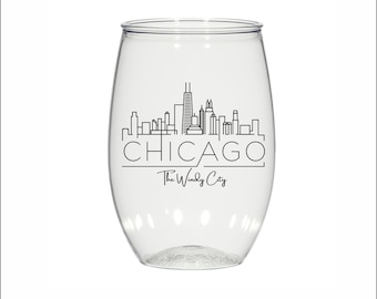 Chicago skyline, 16oz personalized stemless plastic wine glasses, custom imprinted, wedding, party favors, cocktail glass, bachelorette