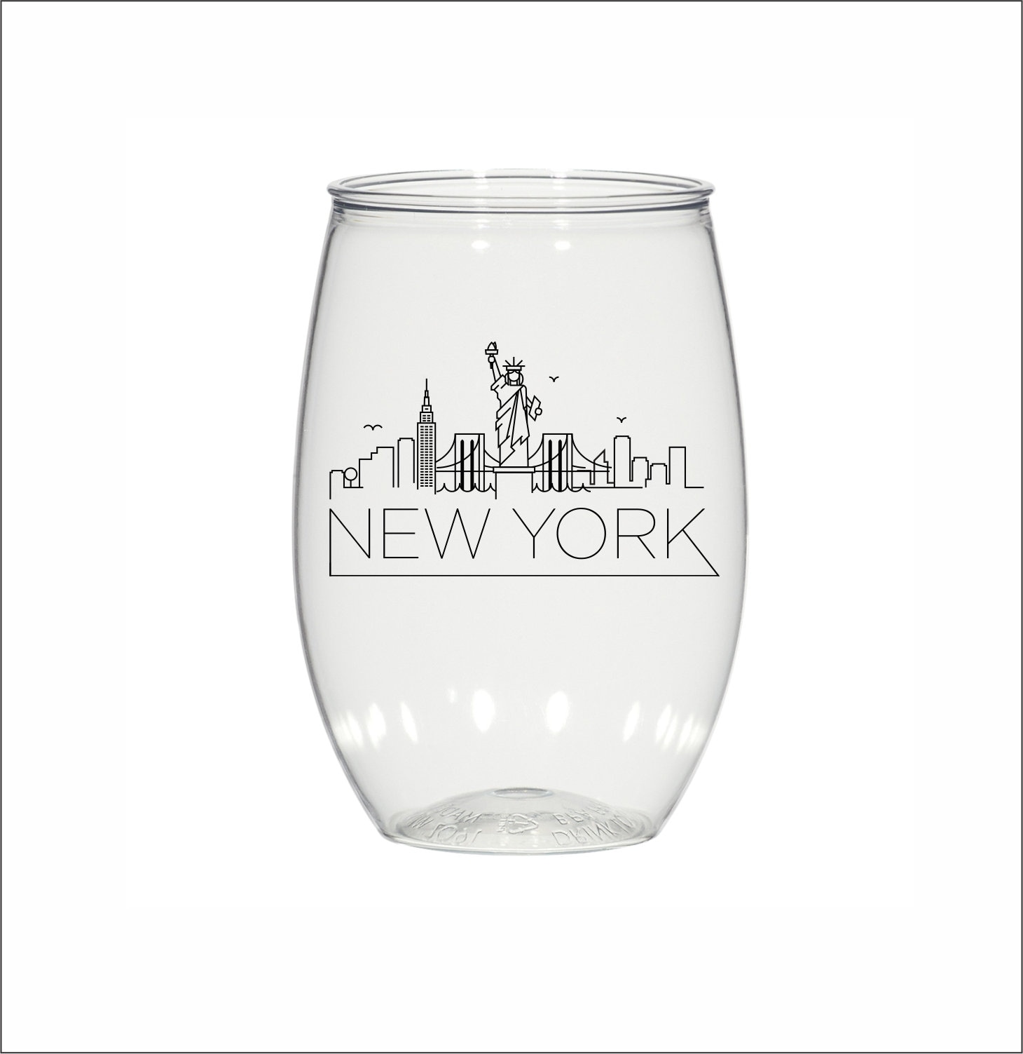 New York City skyline, 16oz personalized stemless plastic wine glasses custom imprinted, wedding, party favors, cocktail glass, bachelorette