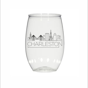 Charleston skyline, 16oz personalized stemless plastic wine glasses, custom imprinted, wedding, party favors, cocktail glass, bachelorette