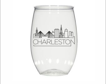 Charleston skyline, 16oz personalized stemless plastic wine glasses, custom imprinted, wedding, party favors, cocktail glass, bachelorette