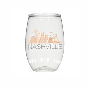 Nashville skyline, 16oz personalized stemless plastic wine glasses, custom imprinted, wedding, party favors, cocktail glass, bachelorette