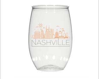 Nashville skyline, 16oz personalized stemless plastic wine glasses, custom imprinted, wedding, party favors, cocktail glass, bachelorette