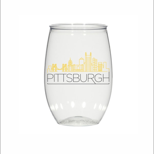 Pittsburgh skyline, 16oz personalized stemless plastic wine glasses, custom imprinted, wedding, party favors, cocktail glass, bachelorette